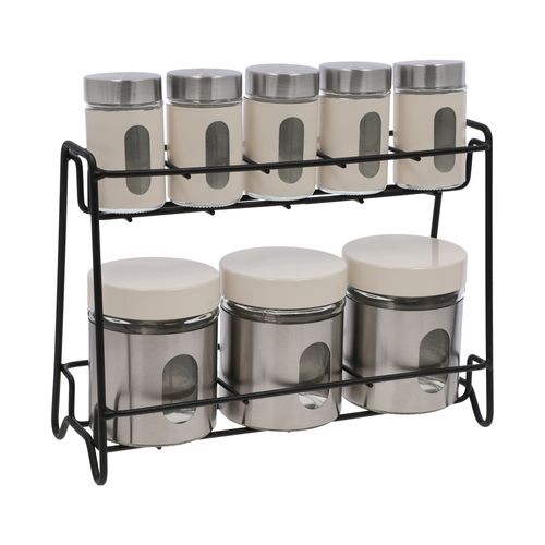 Set 8 Especieros con Cubierta de Acero Inoxidable con Rack 2 Niveles Vidrio