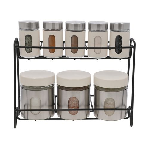 Set 8 Especieros con Cubierta de Acero Inoxidable con Rack 2 Niveles Vidrio